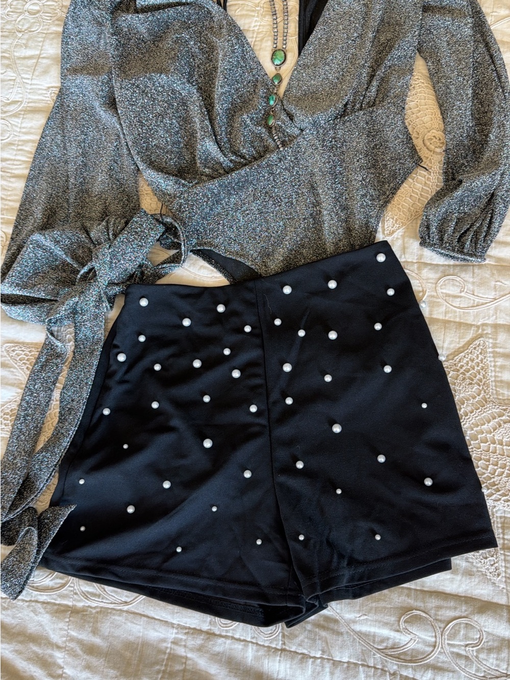 Pearl-Embellished Black Women's Shorts